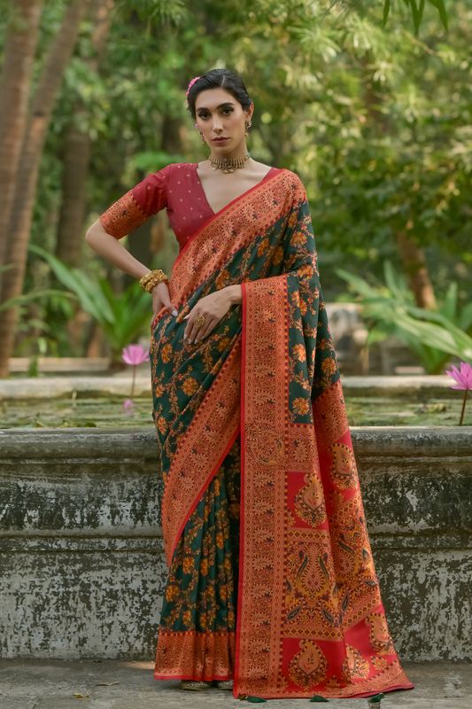 Btgreen Red Pashmina Silk Saree