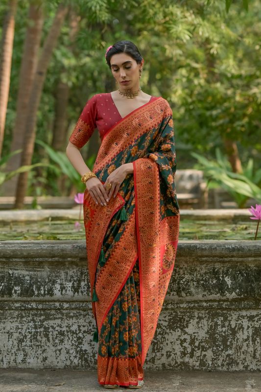 Btgreen Red Pashmina Silk Saree