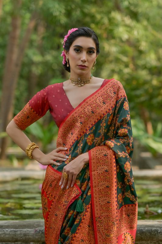 Btgreen Red Pashmina Silk Saree