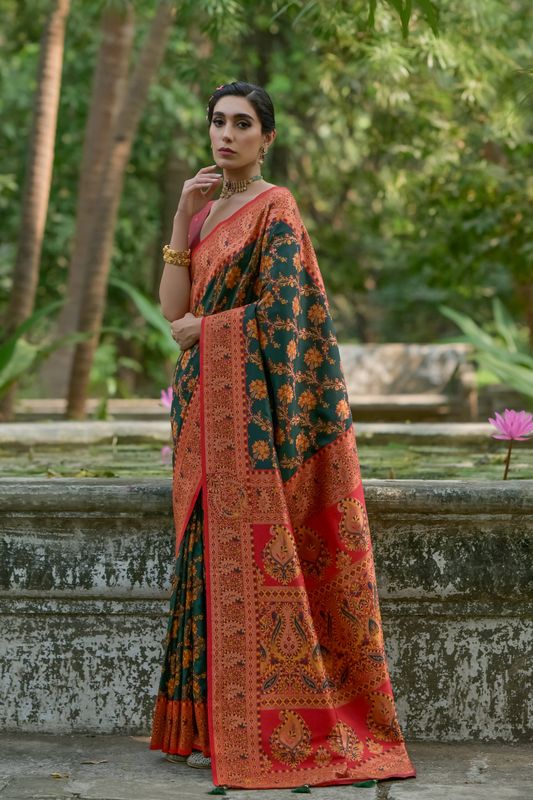 Btgreen Red Pashmina Silk Saree