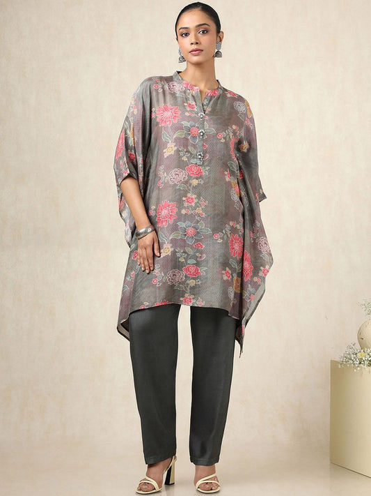 Dhiyona SO Women's Floral Printed Mandarin Collar Kaftan Pure Cotton Kurti With Trousers
