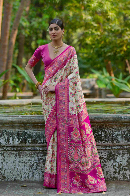 Cream Pink Pashmina Silk Saree