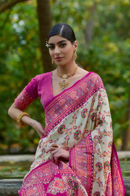 Cream Pink Pashmina Silk Saree