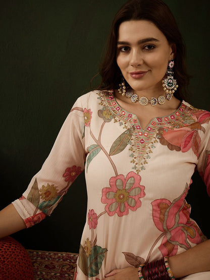 Dhiyona SN Women's Floral Embroidered Mirror Work Kurta with Palazzos