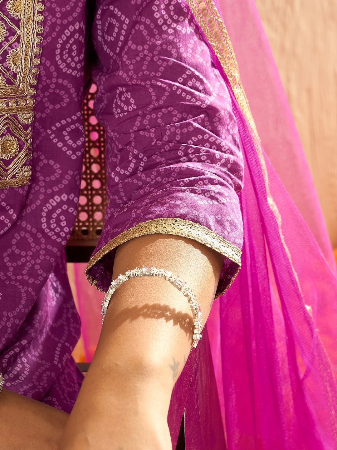 Bandhani Embroidered Sequinned Pure Cotton Straight Kurta With Trousers & Dupatta