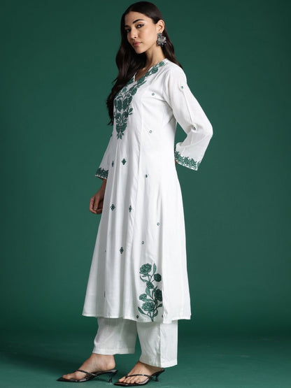Women Floral Embroidered Regular Pure Cotton Kurta With Trousers & Dupatta