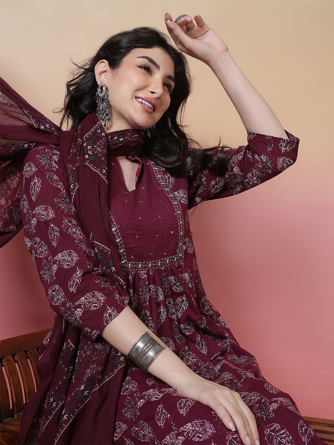 Dhiyona SN Women's Floral Printed Mandarin Collar Pure Cotton Anarkali Kurta With Trouser & Dupatta