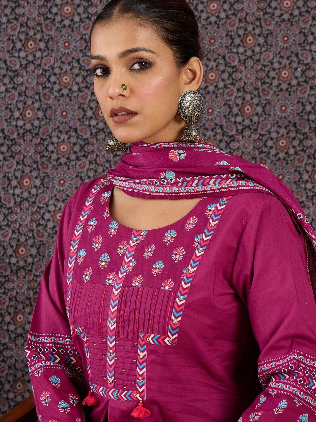 Floral Embroidered Round Neck Pure Cotton Straight Kurta With Trousers & Dupatta