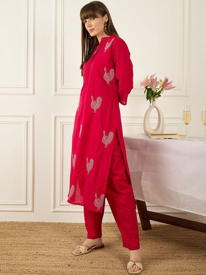 Dhiyona IE Embroidered Mandarin Collar Three-Quarter Sleeves Pure Cotton Tunic And Trousers