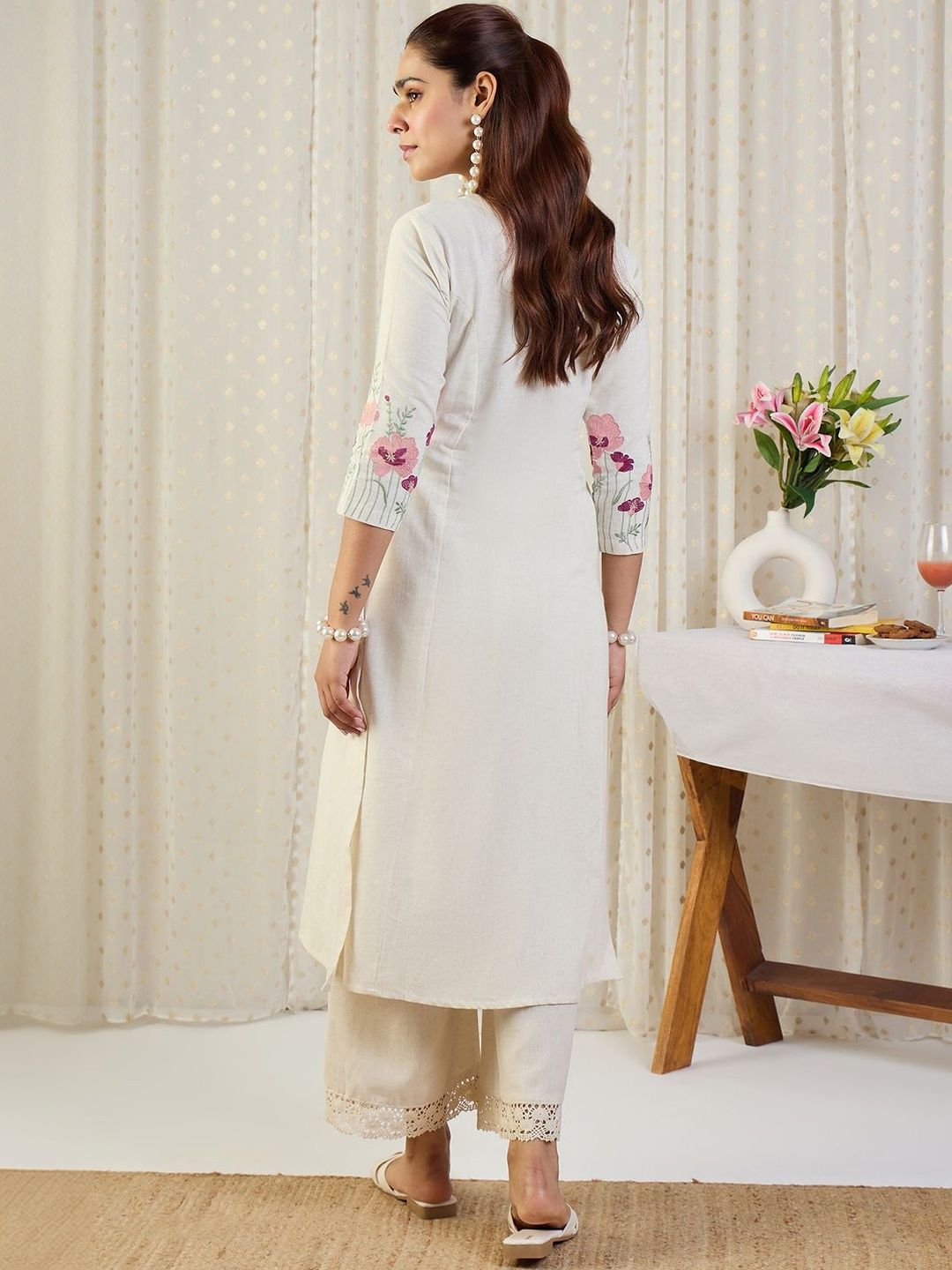 Floral Embroidered Round Neck A-Line Thread Work Kurta With Palazzos