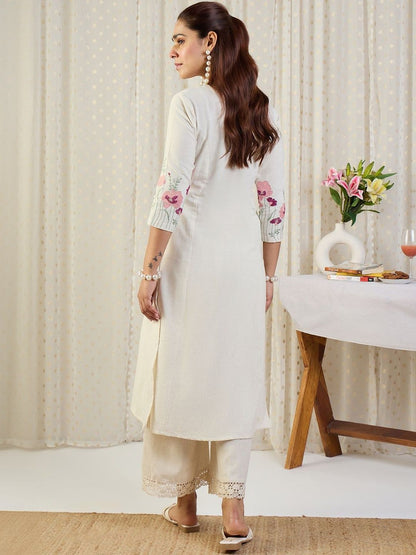 Floral Embroidered Round Neck A-Line Thread Work Kurta With Palazzos