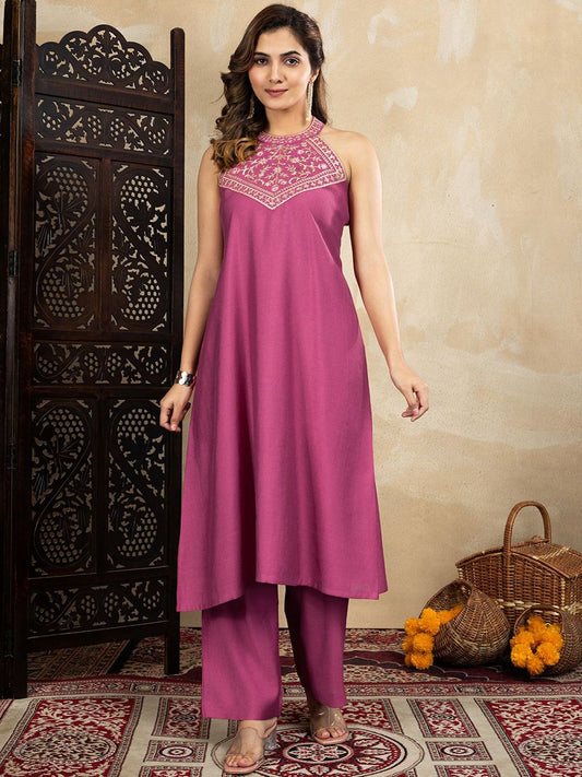 Dhiyona PD Women Floral Yoke Design Thread Work A-Line Kurta & Trousers