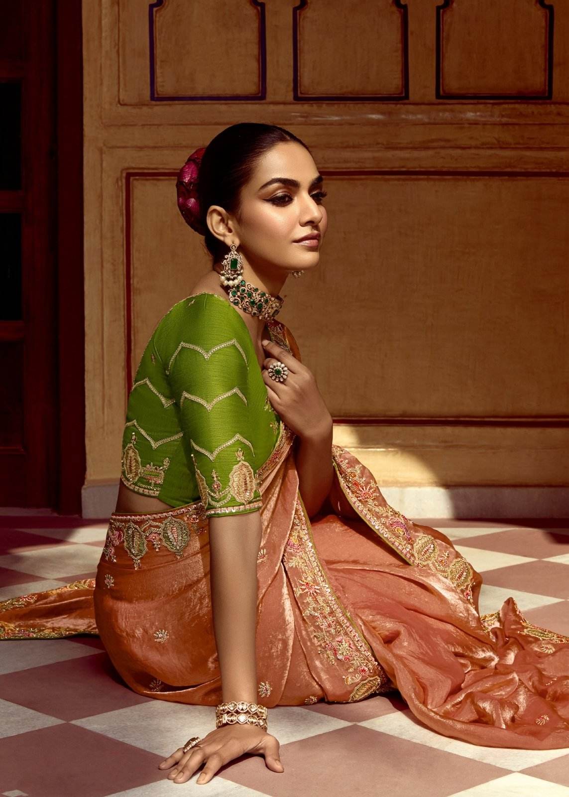 Dhiyona KM Women Peach Designer Tissue Silk Saree With Green Blouse