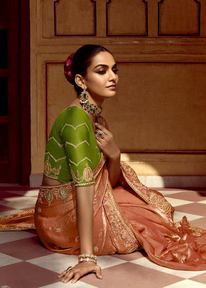 Dhiyona KM Women Peach Designer Tissue Silk Saree With Green Blouse