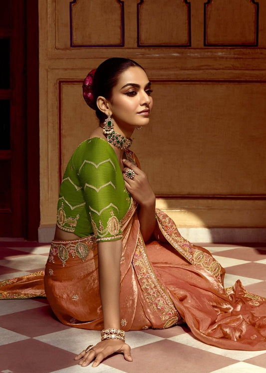 Dhiyona KM Women Peach Designer Tissue Silk Saree With Green Blouse