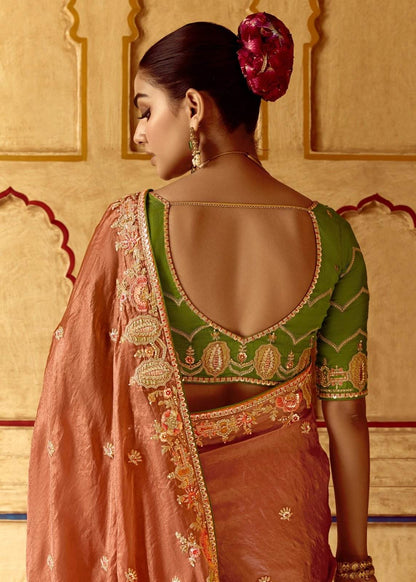 Dhiyona KM Women Peach Designer Tissue Silk Saree With Green Blouse