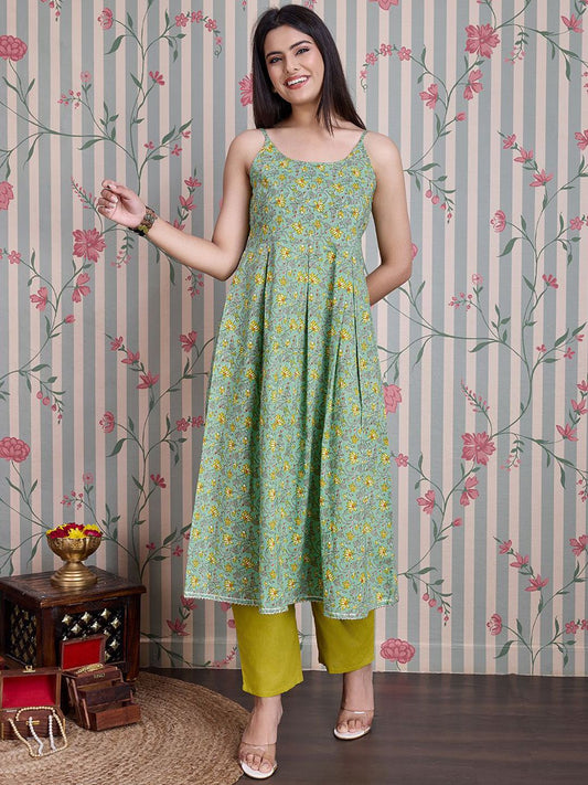 Dhiyona OD  Floral Printed Shoulder Straps Pure Cotton Anarkali Kurta