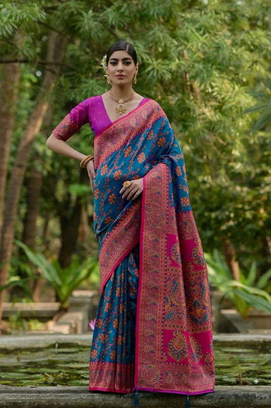 Firozi Wine Pashmina Silk Saree