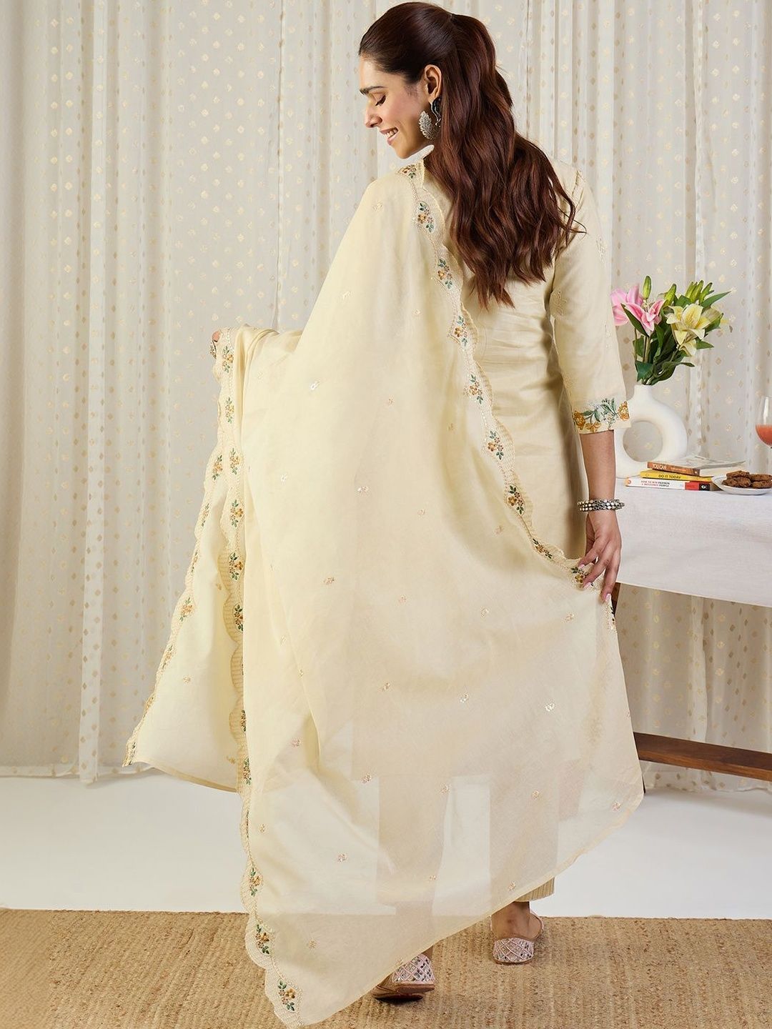 Women Embroidered Round Neck Sequinned Pure Cotton Kurta with Trousers & Dupatta