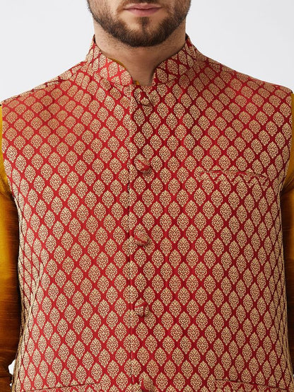 Men's Mustard Silk Blend Straight Jacket  Kurta and Dhoti Set