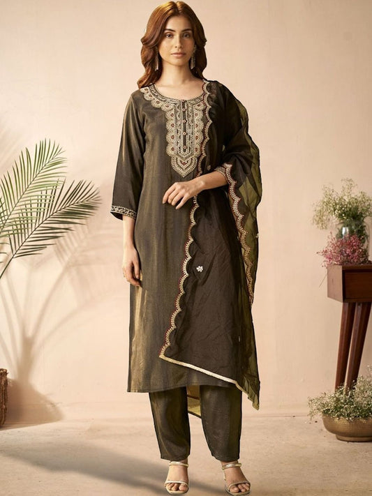 Women Ethnic Motifs Embroidered Regular Thread Work Liva Kurta with Trousers & With Dupatta