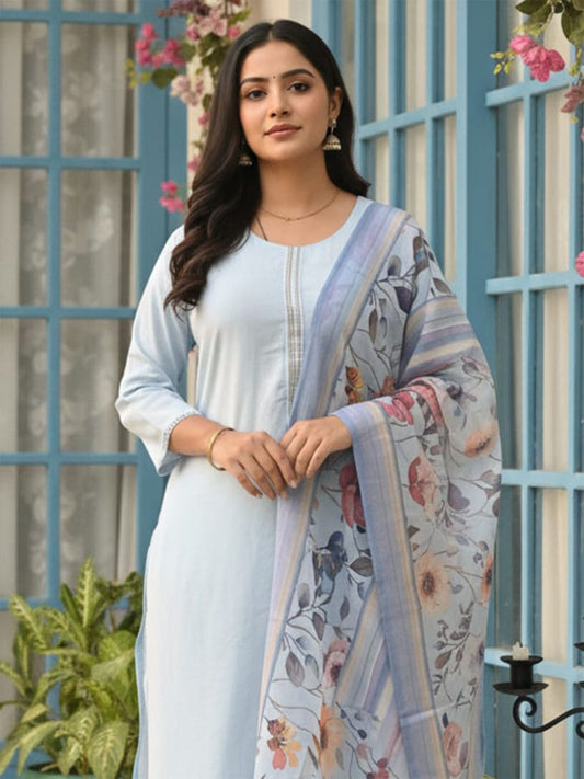 Roun Neck Straight Kurta With Trousers & With Dupatta