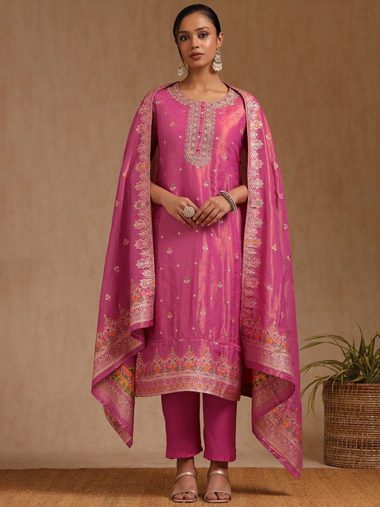Dhiyona SO Women's Women Floral Regular Chanderi Cotton Kurta with Trousers & Dupatta