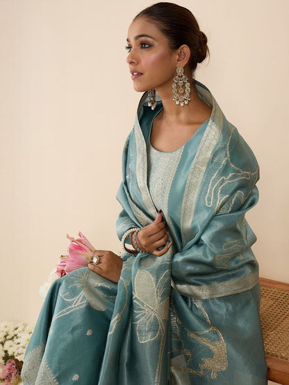 Floral Printed Thread Work Pure Cotton Kurta With Palazzos & Dupatta