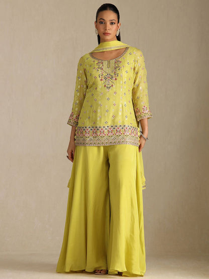 Dhiyona SO Women's Floral Embroidered Round Neck Sequinned Straight Tissue Kurti With Palazzos & Dupatta