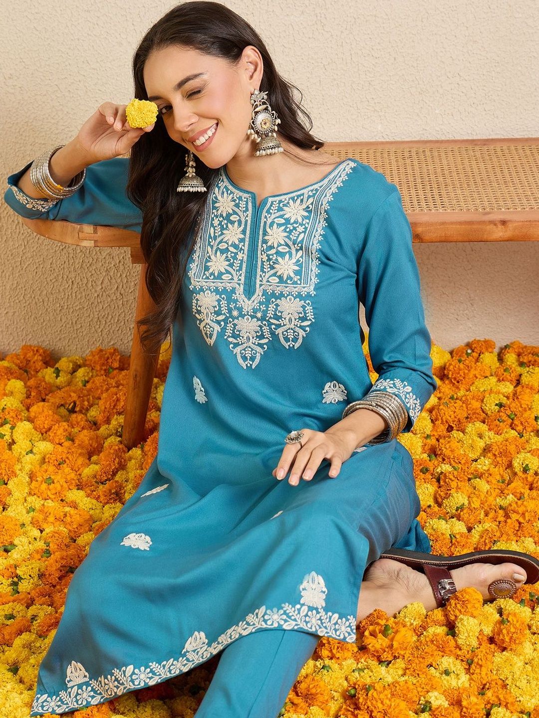 Women Ethnic Motifs Embroidered Regular Thread Work Kurta with Trousers