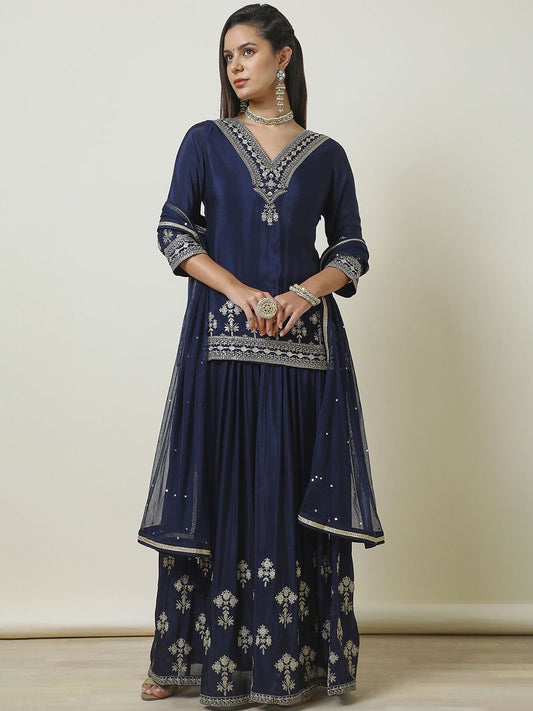 Dhiyona SO Women's Ethnic Motifs Embroidered Regular Sequinned Straight Kurti with Sharara & Dupatta