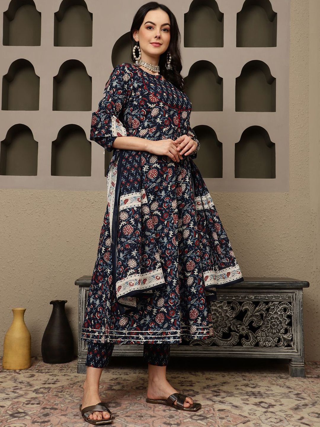 Dhiyona SN Women's Navy Blue Floral Printed Pure Cotton Anarkali Kurta With Trousers & Dupatta