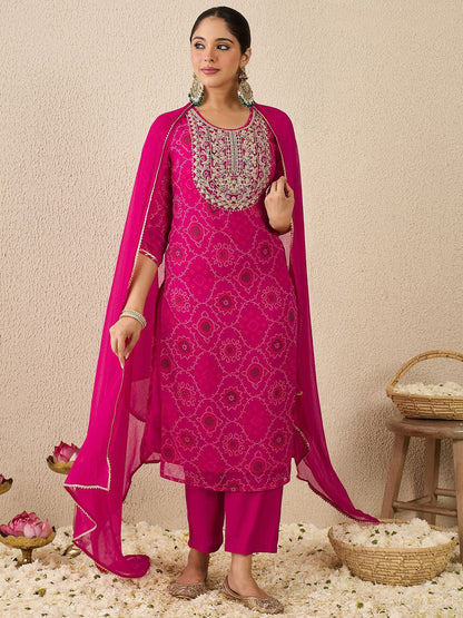 Dhiyona IE Women's Women Ethnic Motifs Printed Regular Thread Work Kurta with Trousers & Dupatta