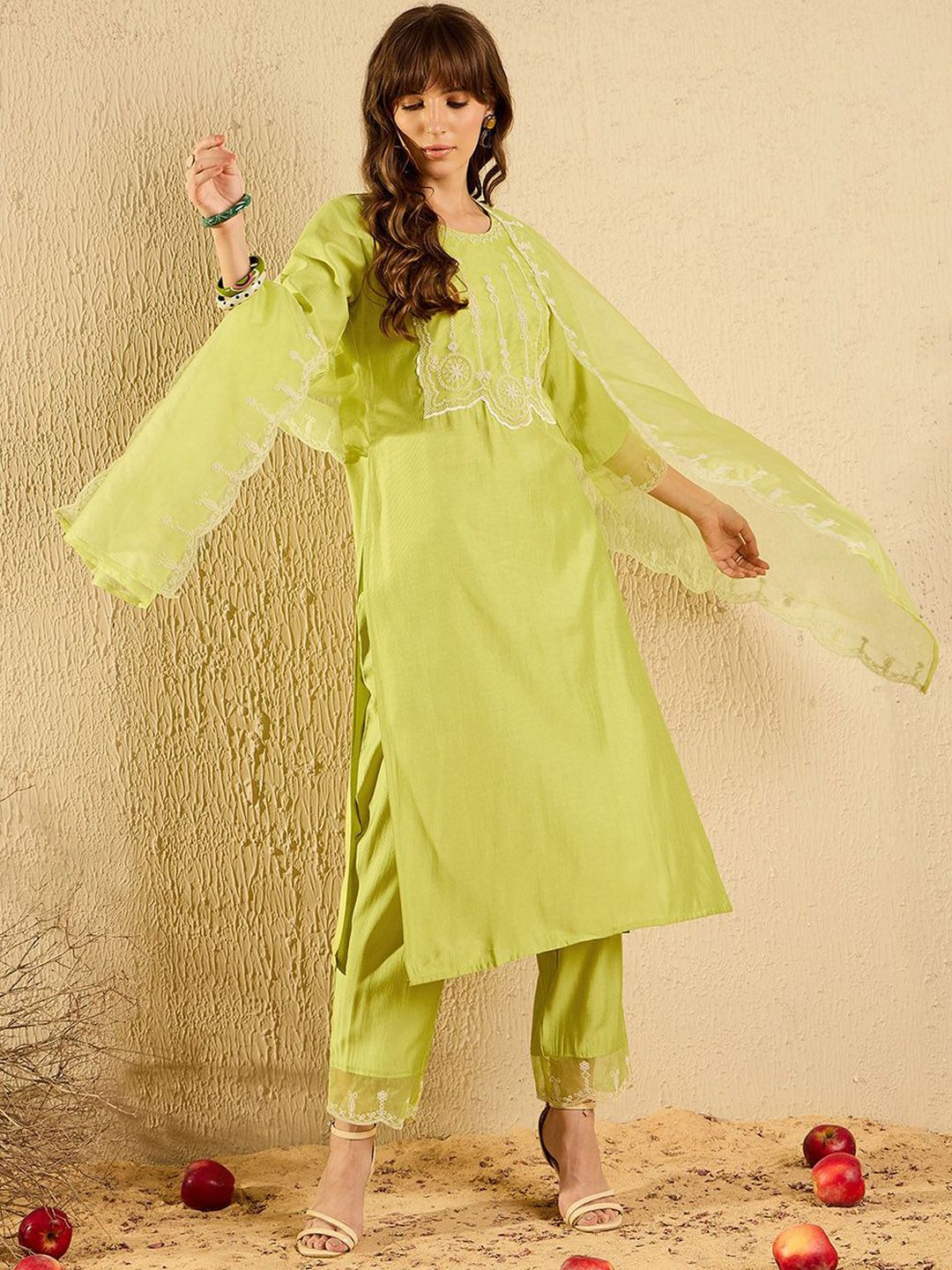 Dhiyona IE Women Ethnic Motifs Embroidered Regular Aari Work Liva Kurta with Trousers & With Dupatta