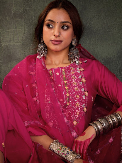 Women Ethnic Motifs Embroidered Regular Thread Work Kurta with Trousers & With Dupatta