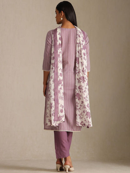 Dhiyona SO Women's Women Striped Regular Thread Work Pure Cotton Kurta Trousers With Dupatta