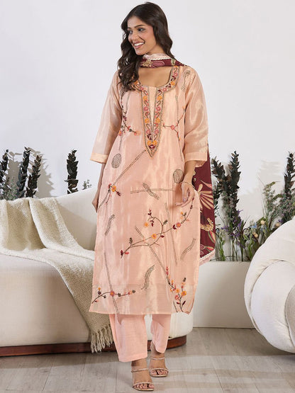 Dhiyona IE Floral Embroidered Thread Work Pure Cotton Kurta With Trousers & Dupatta