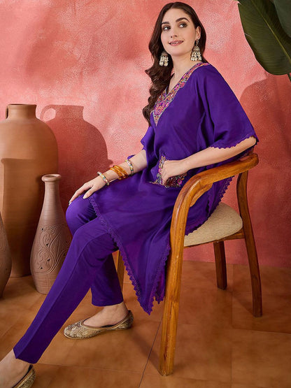 Dhiyona SN Women's Ethnic Motifs Embroidered Zari Sequence Kaftan Kurta & Trousers Set