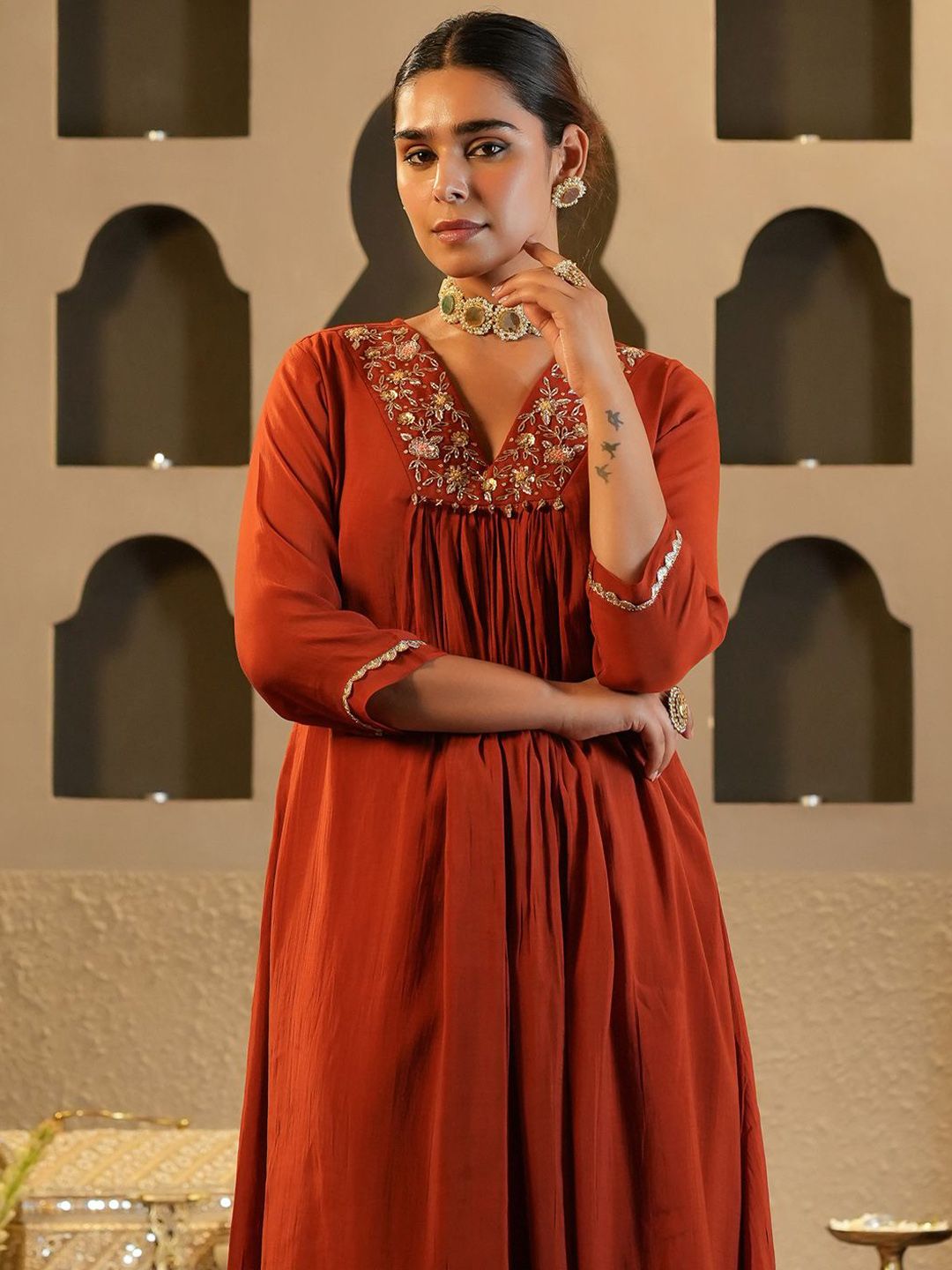 Floral Yoke Design V Neck Zari Chanderi Silk A-Line Kurta & Trousers