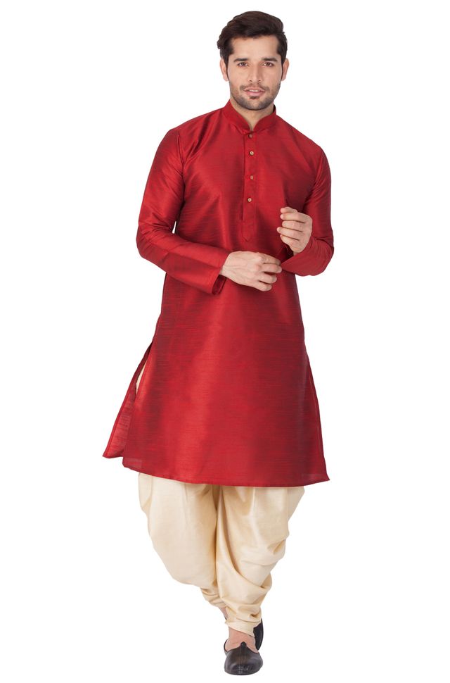 Men's Maroon Silk Blend Straight Kurta and Dhoti Set