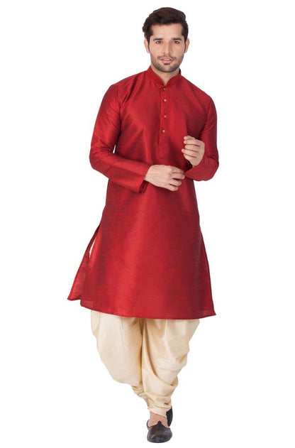 Men's Maroon Silk Blend Straight Kurta and Dhoti Set