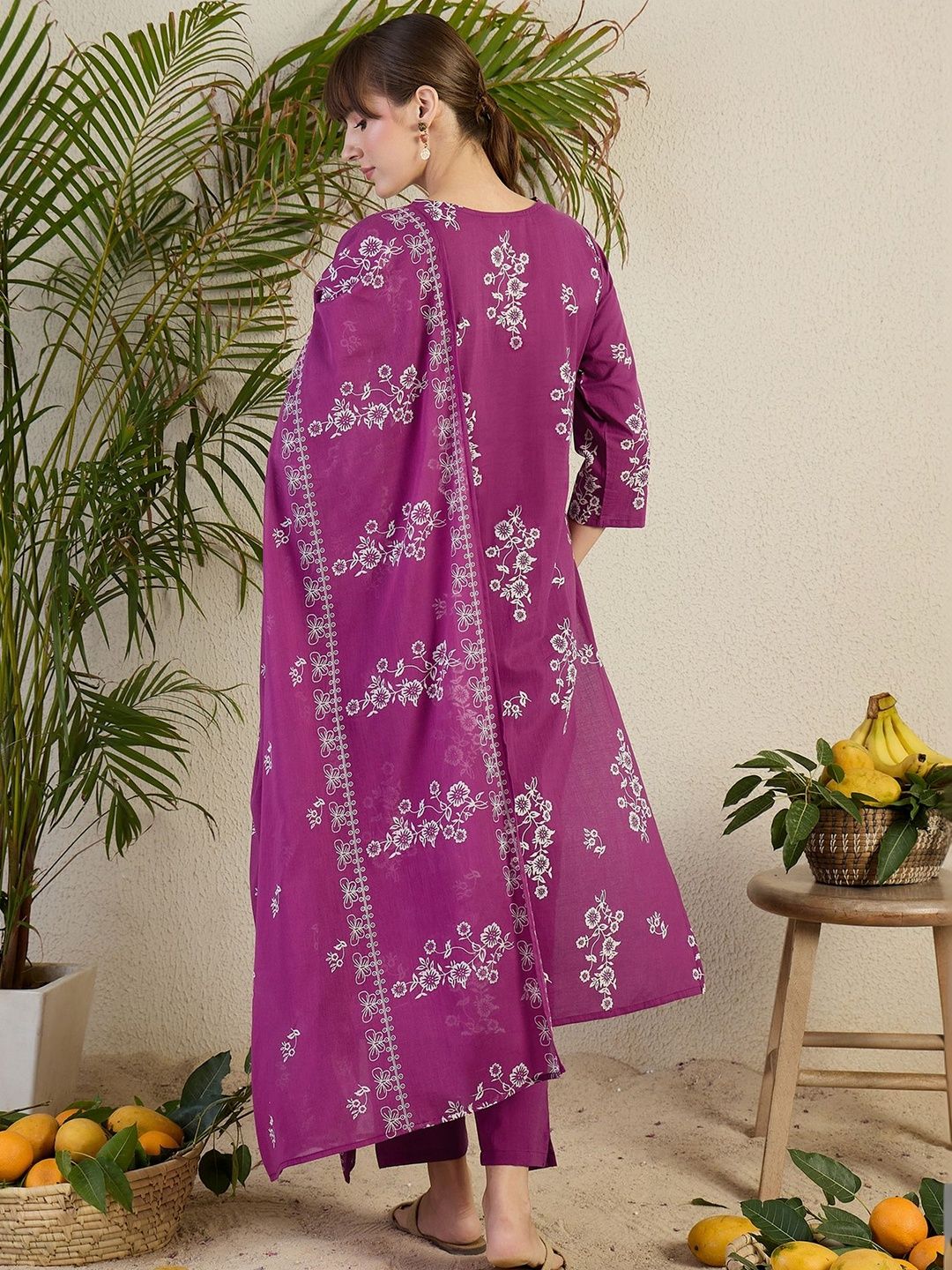 Women Floral Embroidered Regular Thread Work Pure Cotton Kurta with Trousers & With Dupatta