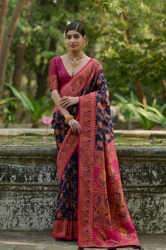 Navy-Blue Wine Pashmina Silk Saree