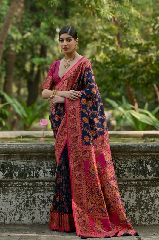 Navy-Blue Wine Pashmina Silk Saree