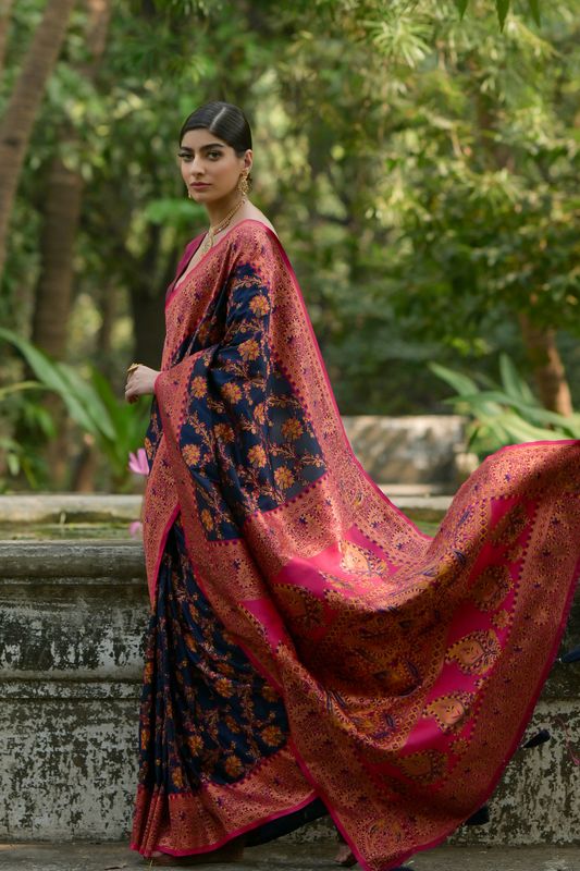 Navy-Blue Wine Pashmina Silk Saree