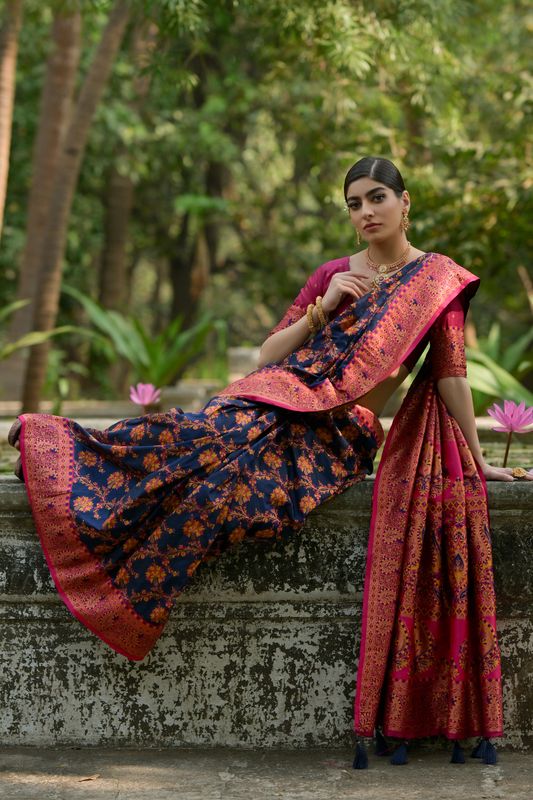 Navy-Blue Wine Pashmina Silk Saree