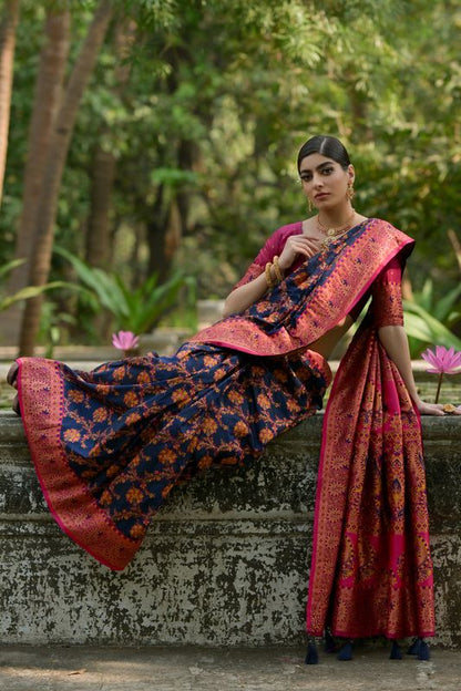 Navy-Blue Wine Pashmina Silk Saree