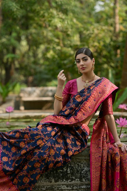 Navy-Blue Wine Pashmina Silk Saree