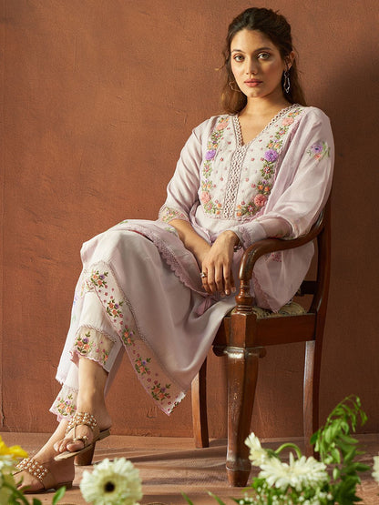 Floral Embroidered Thread Work V-Neck Straight Kurta With Trousers & Dupatta