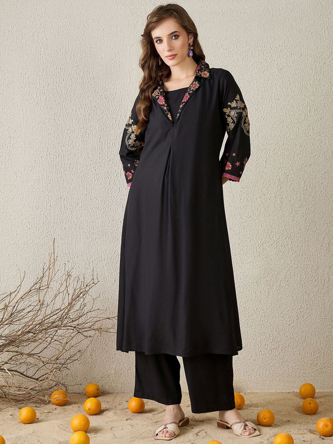 Dhiyona IE Embroidered Shirt Collar Top With Trousers